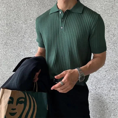 Herren Polohemd Button-Kragen Rippstrick - BerlinGlamour