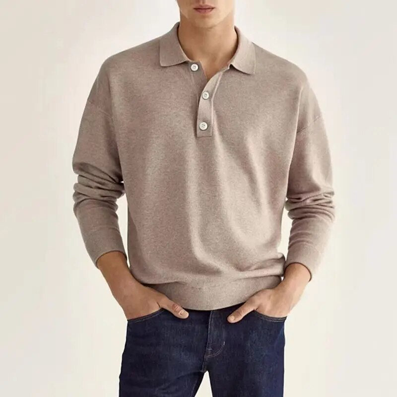 Polohemd | Halbgeknöpft | Normale Passform | Langarm-Polo | Polopullover-Beige-S-Chaps Herrenmode