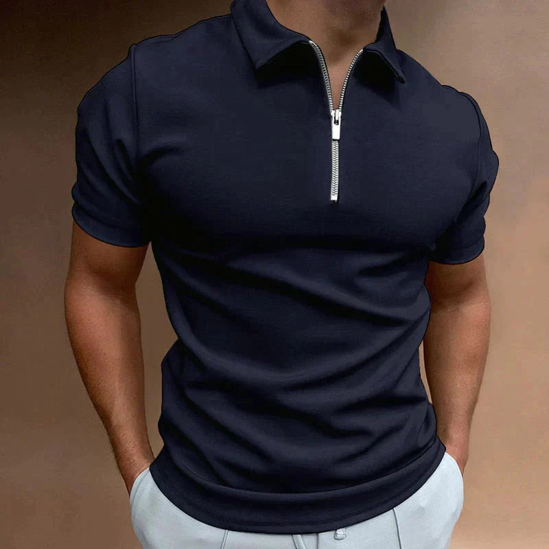 Polohemd – Herren-Kurzarmhemd Mit Umlegekragen und Halbem Reißverschluss-Schwarz-S-Chaps Herrenmode