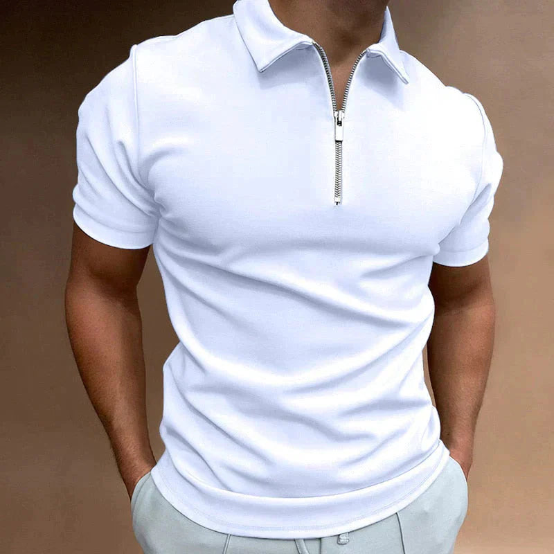 Polohemd – Herren-Kurzarmhemd Mit Umlegekragen und Halbem Reißverschluss-Weiß-S-Chaps Herrenmode