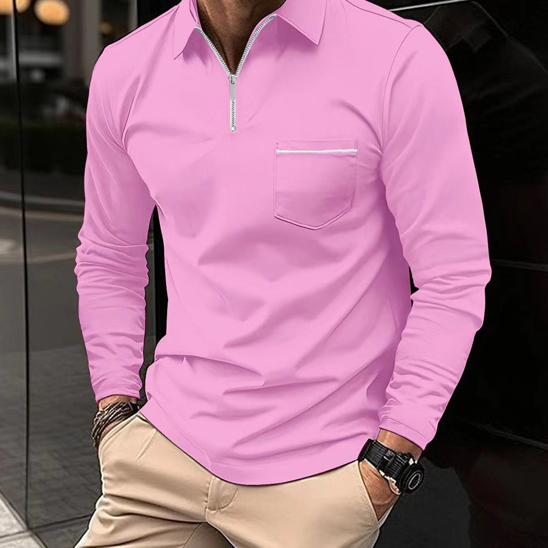 Polohemd – Herren-Polohemd mit Kragen, langen Ärmeln und Viertelreißverschluss-Rosa-S-Chaps Herrenmode