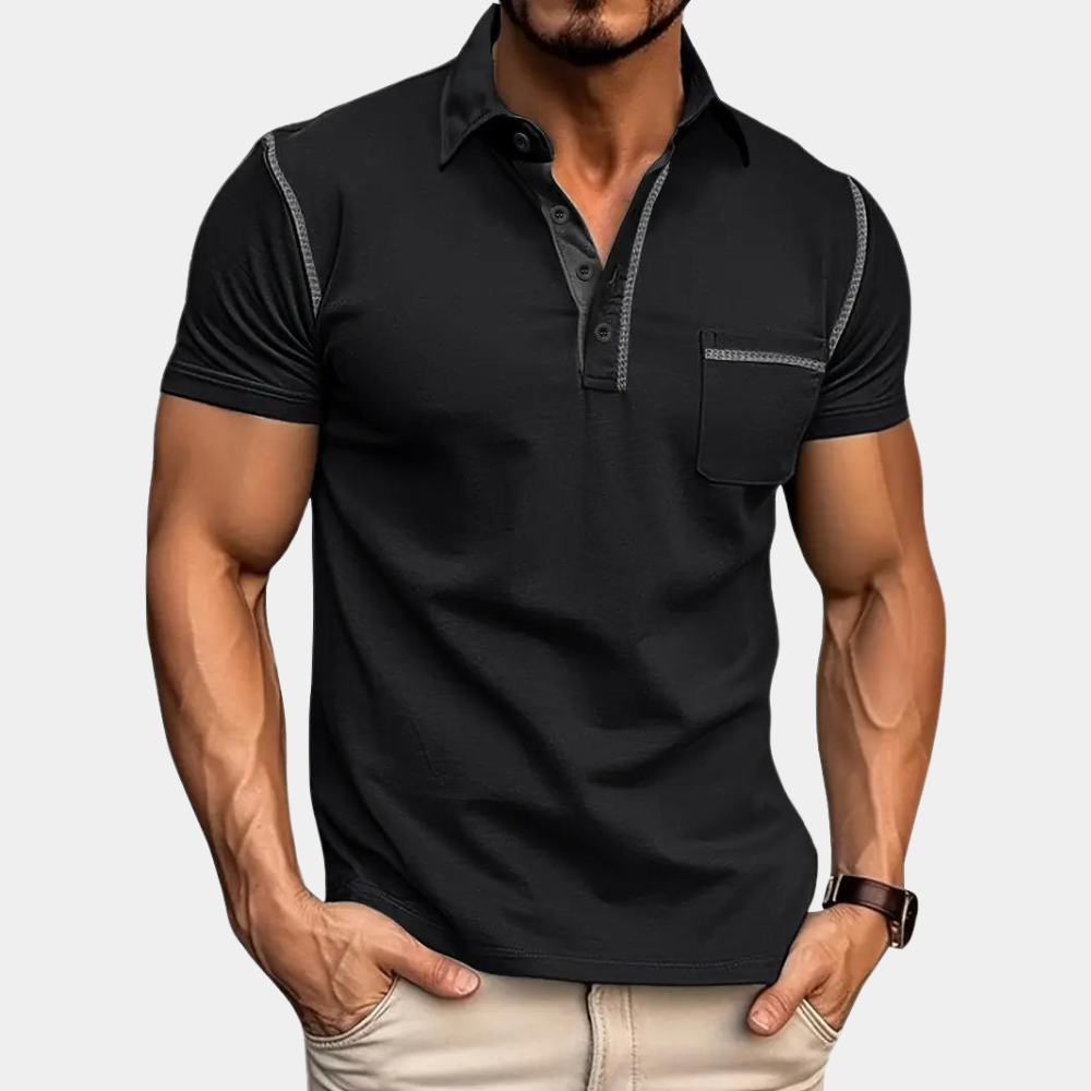 Polohemd - Revers - Brusttasche - Kurzarm-Polohemd - Polohemden für Männer-Schwarz-S-Chaps Herrenmode