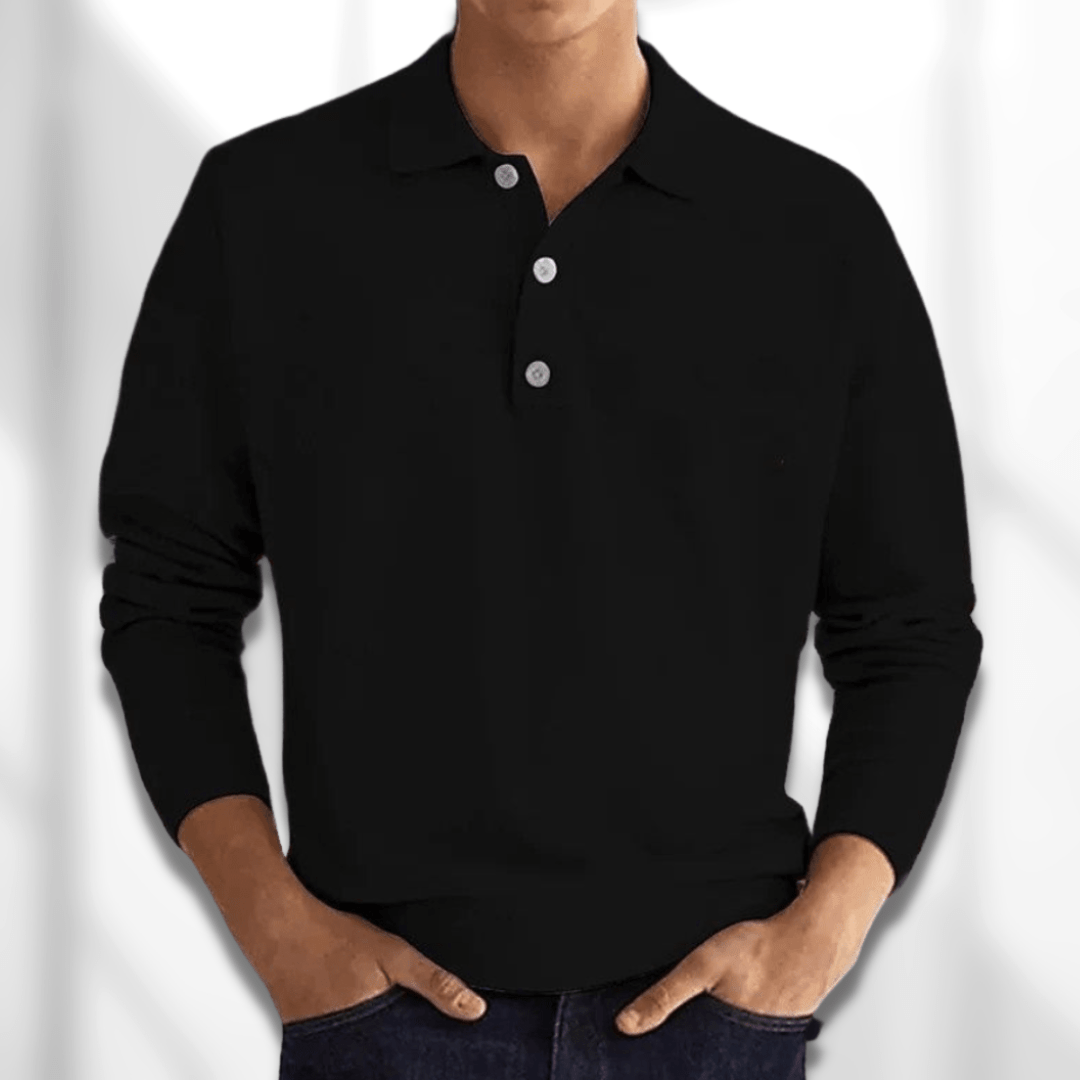 Polopullover - Herren Langarm-Poloshirt Pullover mit Kragen-Schwarz-S-Chaps Herrenmode