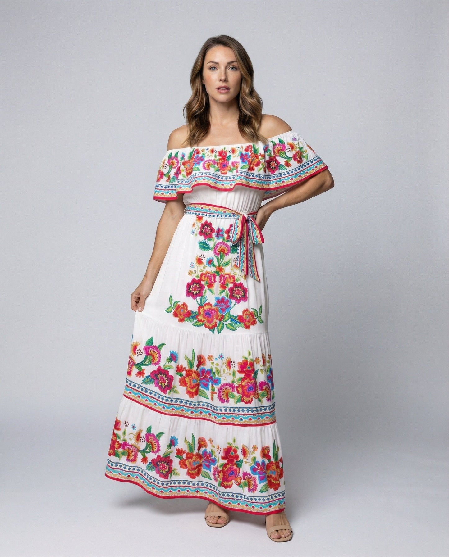 Damen Maxikleid Off Shoulder Floral Elastisch - BerlinGlamour