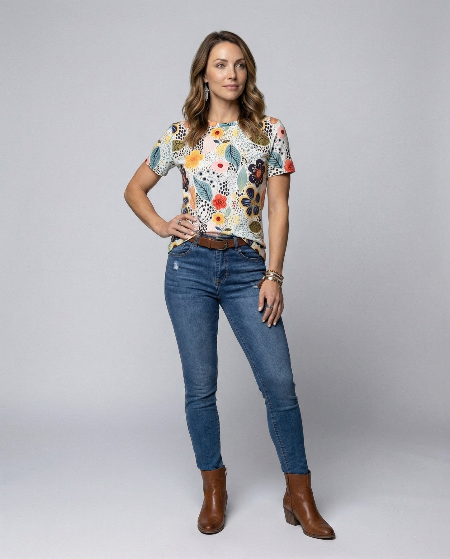 Damen T-Shirt Blumenmuster Kurzarm Weich Modern - BerlinGlamour