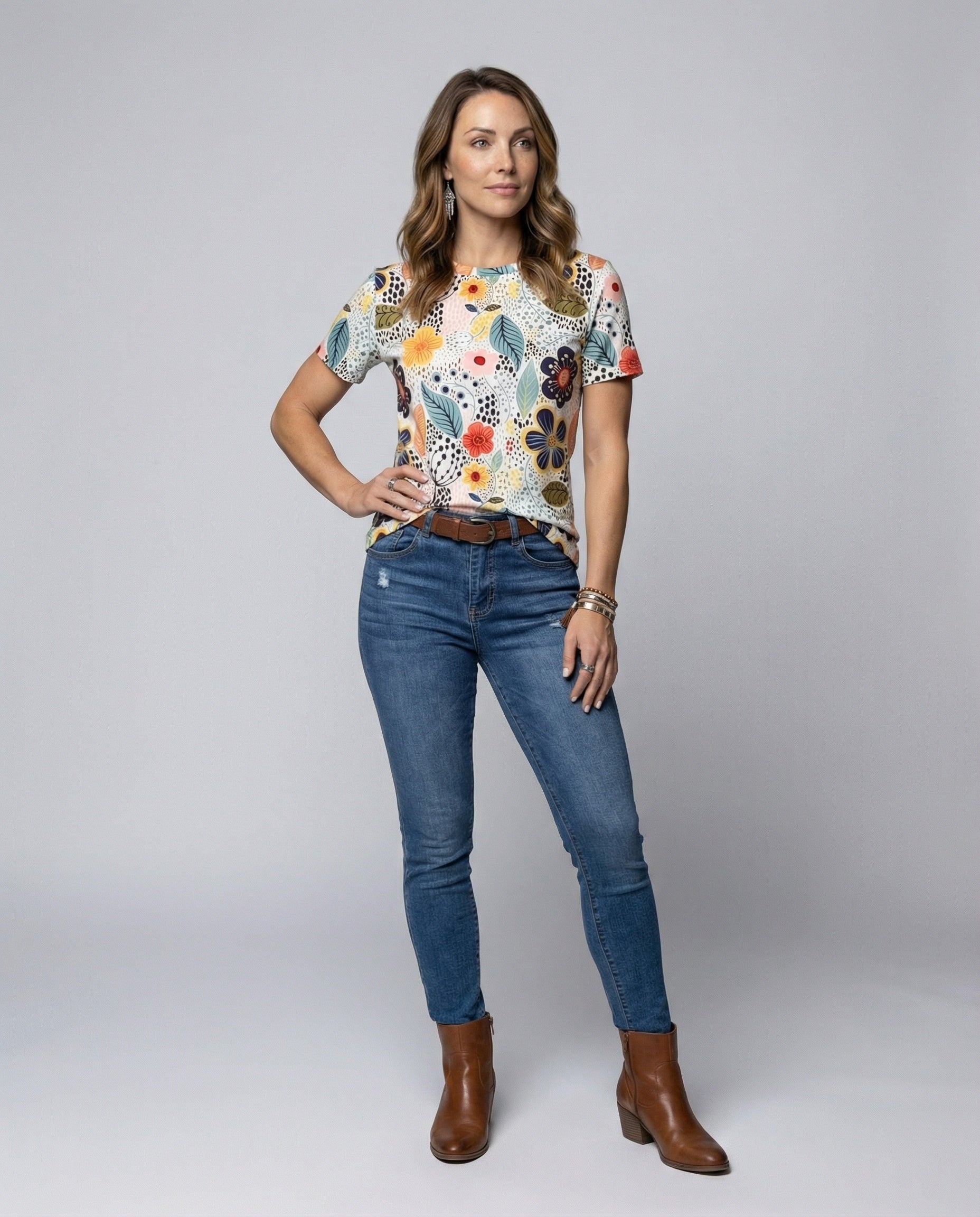 Damen T-Shirt Blumenmuster Kurzarm Weich Modern - BerlinGlamour