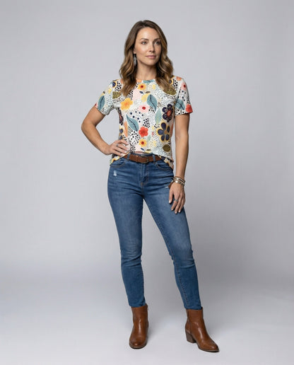 Damen T-Shirt Blumenmuster Kurzarm Weich Modern - BerlinGlamour