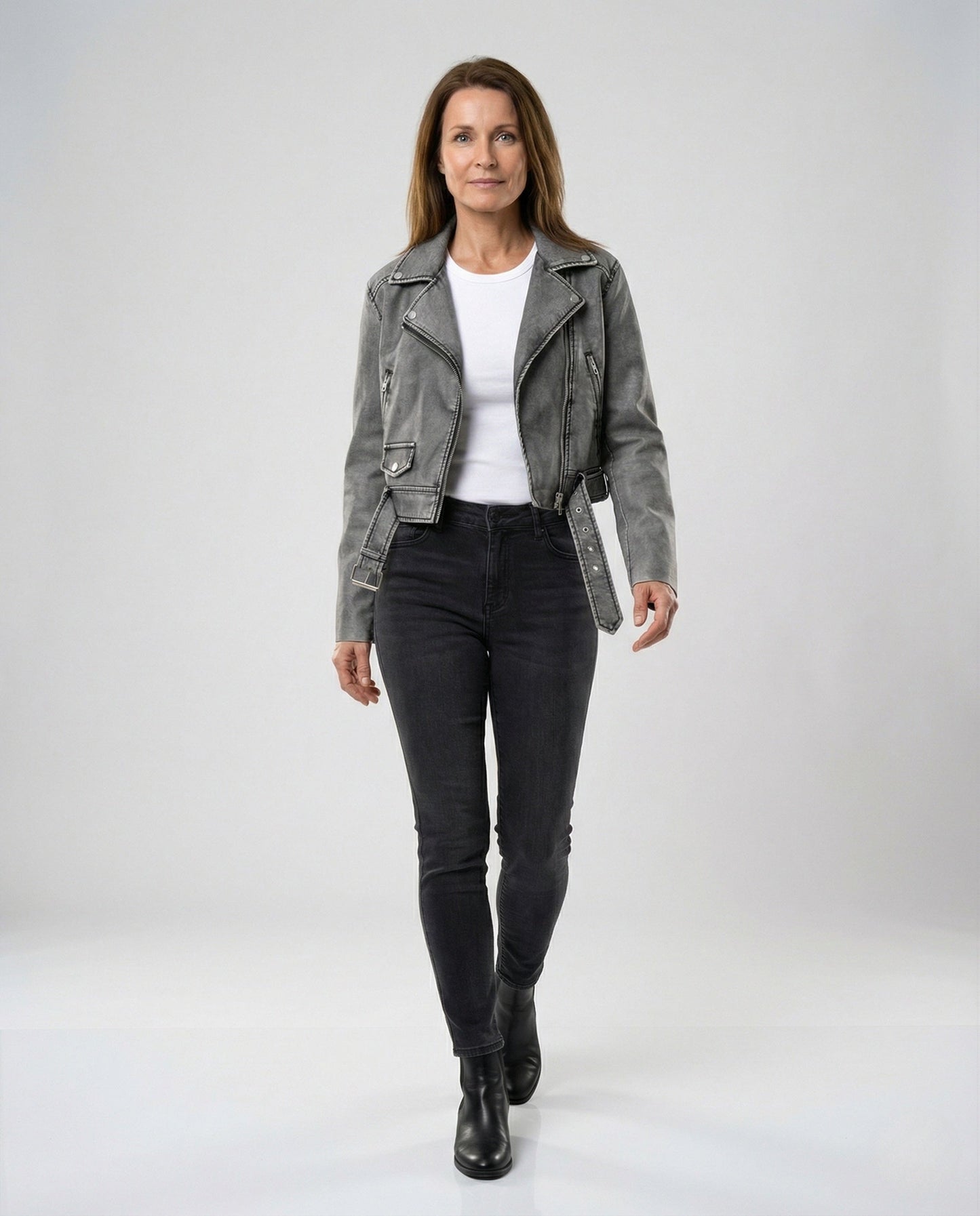 Damen Lederjacke Cropped Bikerstil Asymmetrisch - BerlinGlamour