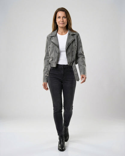 Damen Lederjacke Cropped Bikerstil Asymmetrisch - BerlinGlamour