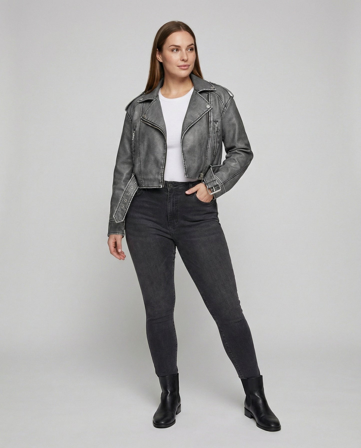 Damen Bikerjacke Cropped Jeansjacke mit Gürtel