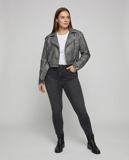 Damen Bikerjacke Cropped Jeansjacke mit Gürtel