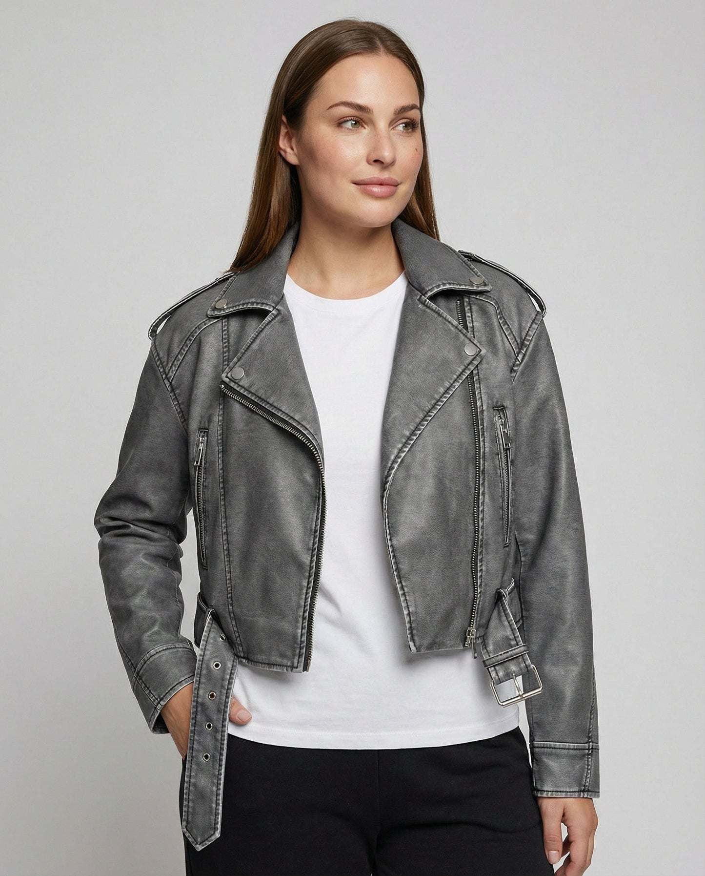 Damen Bikerjacke Cropped Jeansjacke mit Gürtel - BerlinGlamour
