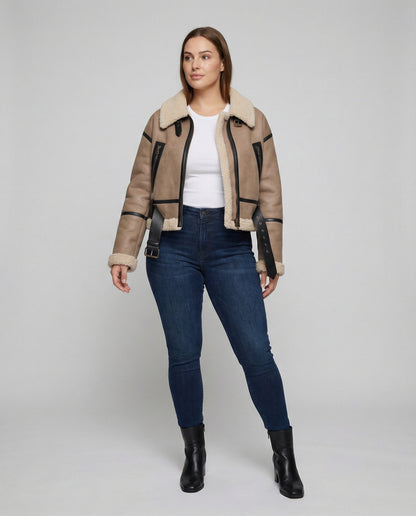 Damen Kunstleder Jacke Teddyfell Faux Pelz
