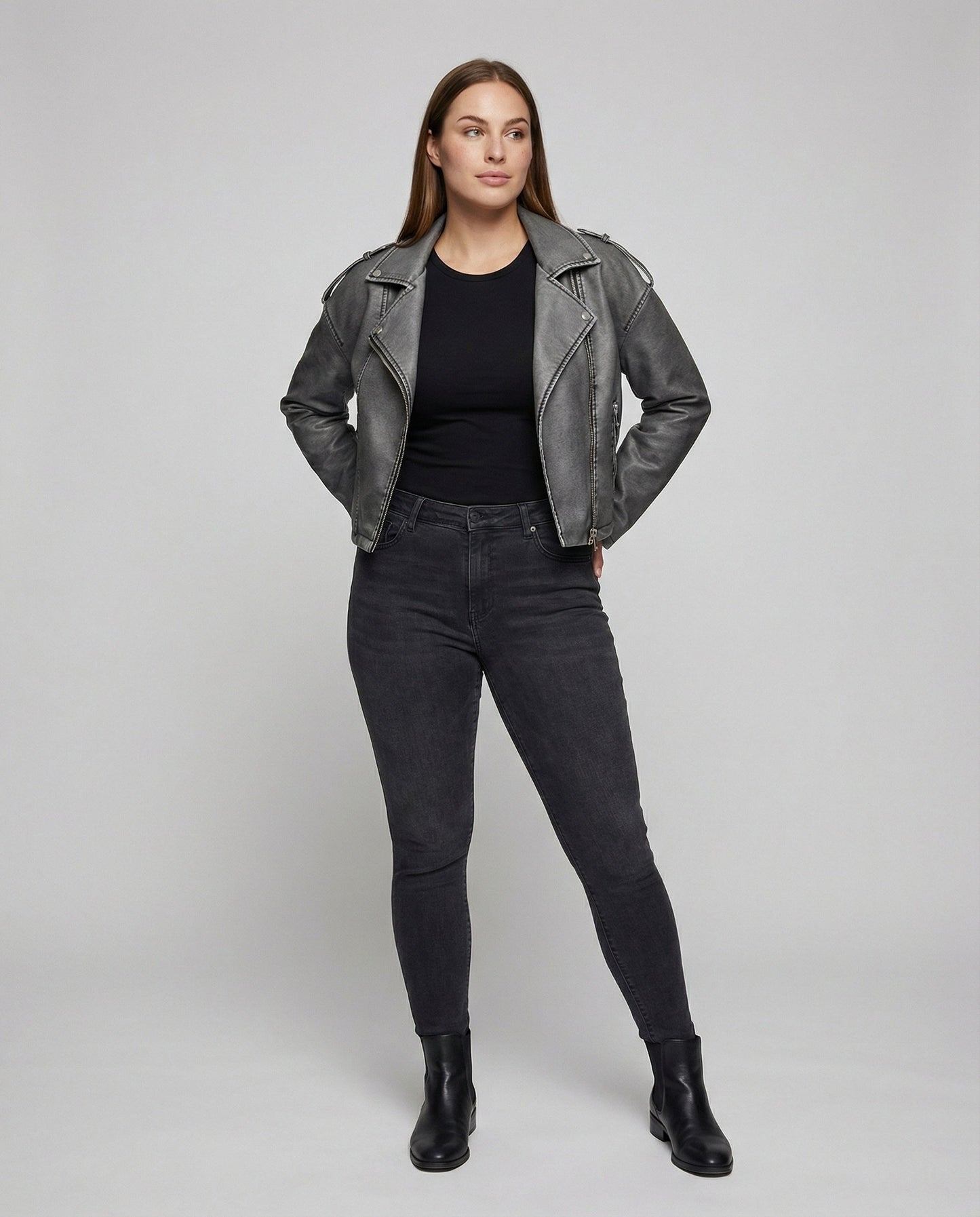 Lederjacke Damen Bikerstyle Schwarz Asymmetrisch