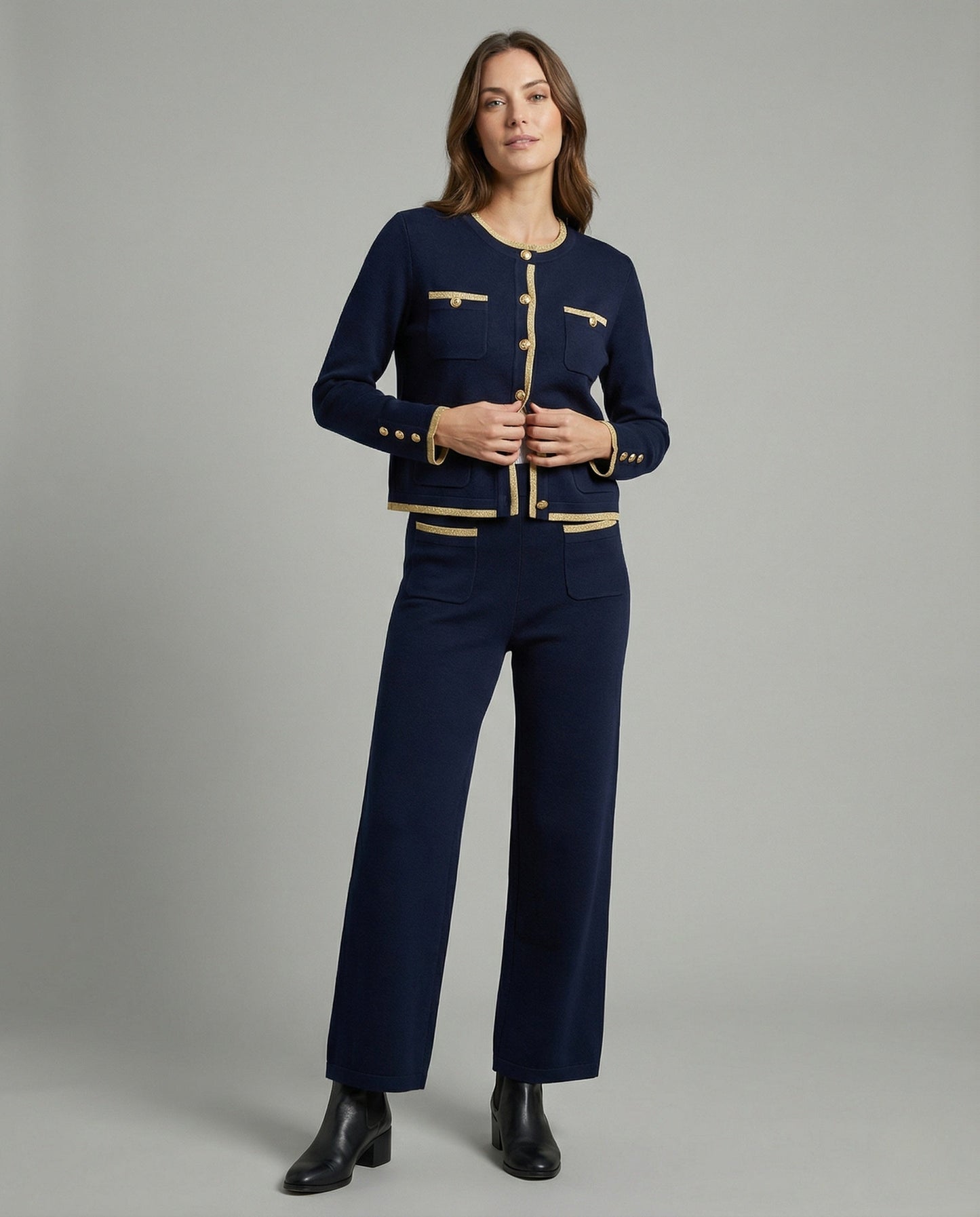 Weitbein-Hose Zweiteiler mit Knopf-Cardigan Damen Mode - BerlinGlamour