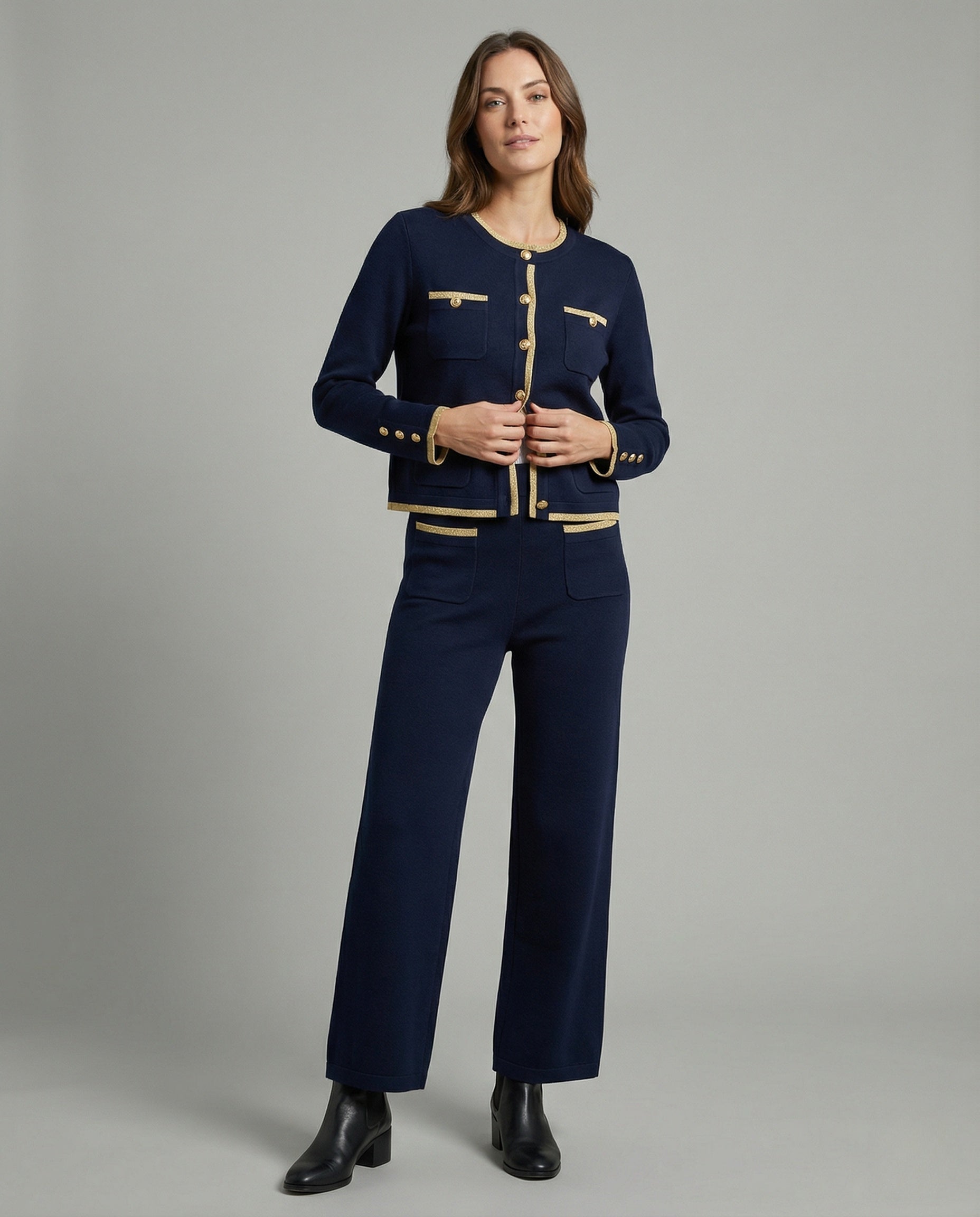 Weitbein-Hose Zweiteiler mit Knopf-Cardigan Damen Mode - BerlinGlamour