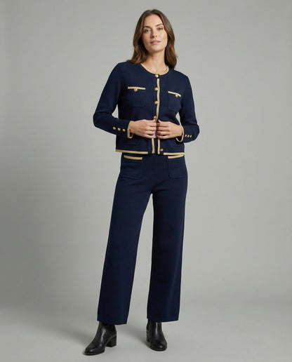 Weitbein-Hose Zweiteiler mit Knopf-Cardigan Damen Mode - BerlinGlamour