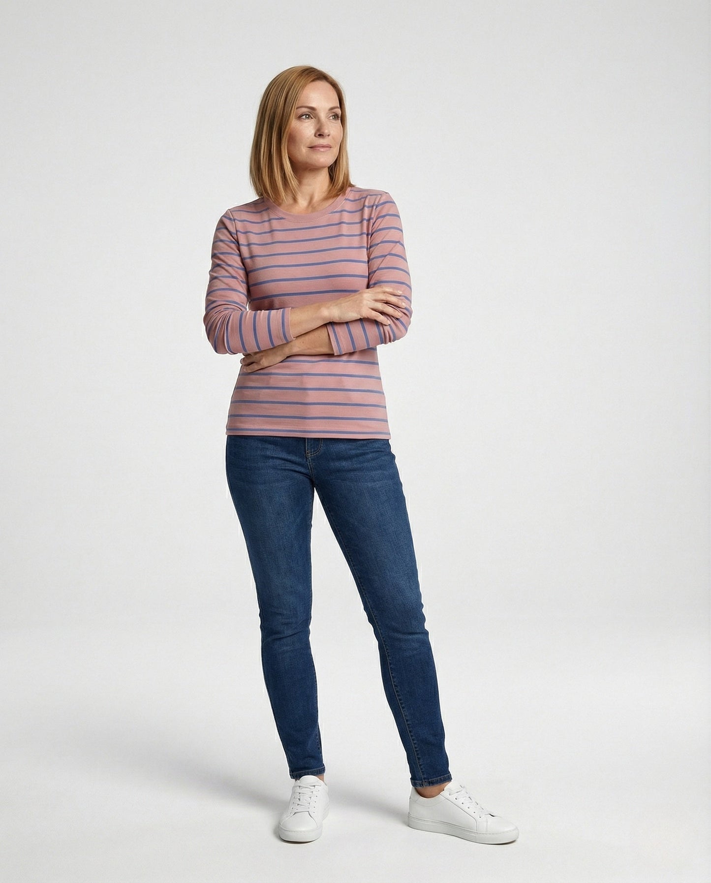 Damen Strickpullover Slim Fit Langarm Weiss Streifen - BerlinGlamour