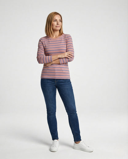 Damen Strickpullover Slim Fit Langarm Weiss Streifen - BerlinGlamour