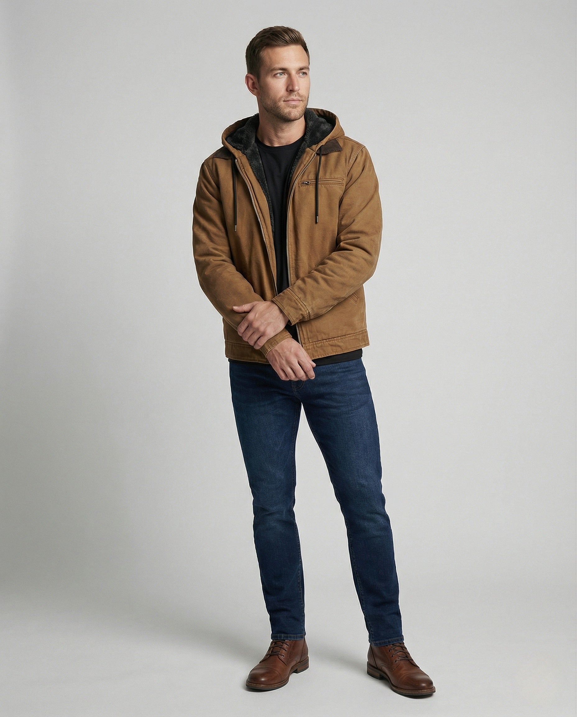 Herren Lederjacke Winter Bomber mit Kapuze und Reißverschluss - BerlinGlamour