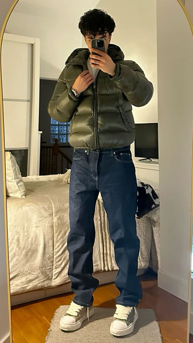 Pufferjacke – Kurze Winterjacke mit Kapuze für Herren-Grün-S-Chaps Herrenmode
