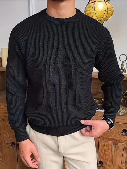 Pullover - Herren Rundhalsausschnitt Rippenstrickpullover-Schwarz-S-Chaps Herrenmode