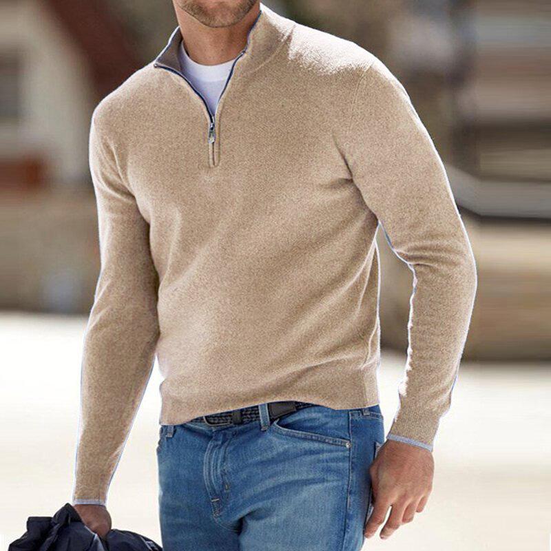 Pullover - Herren Strickpullover mit Viertel-Reißverschluss-Beige-S-Chaps Herrenmode