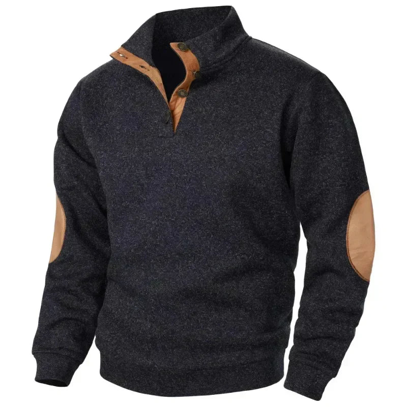 Pullover | Lässig | Ellbogenpatches | Pullover mit Knopfleiste | Herrenpullover-Schwarz-S-Chaps Herrenmode
