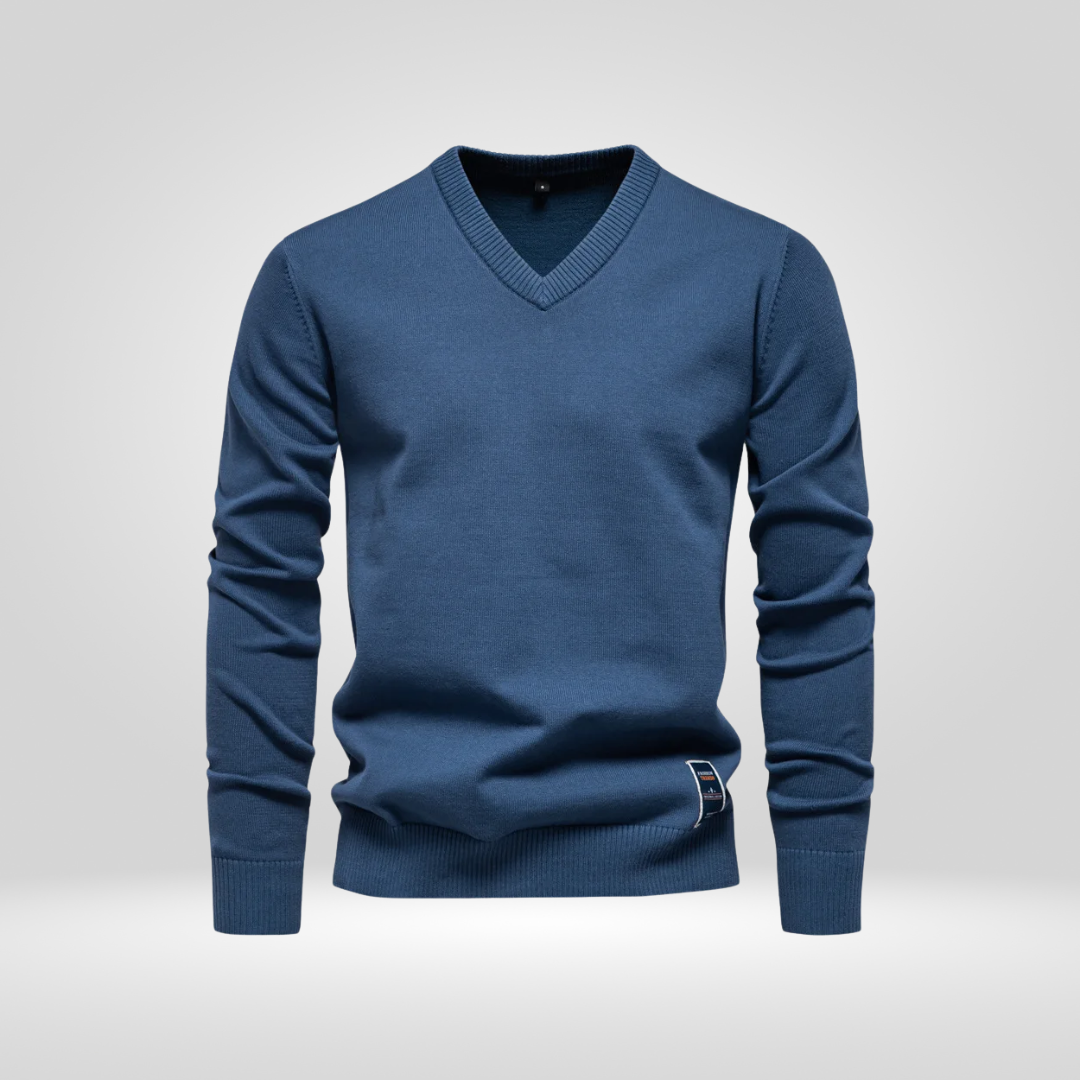 Pullover mit V-Ausschnitt | Einfarbig | Gestrickt | Pullover | Herren-Strickmode-Blau-M-Chaps Herrenmode