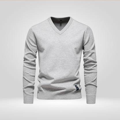 Pullover mit V-Ausschnitt | Einfarbig | Gestrickt | Pullover | Herren-Strickmode-Hellgrau-M-Chaps Herrenmode