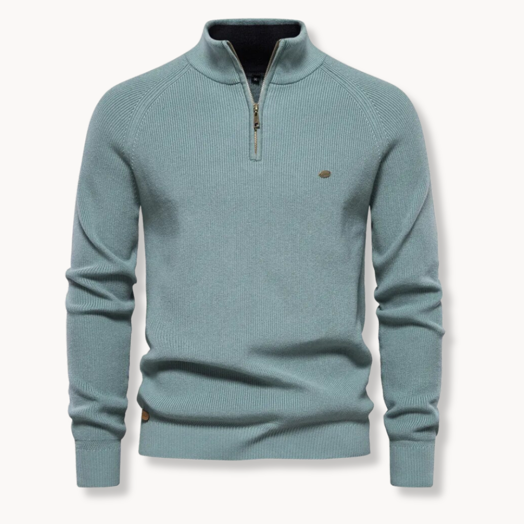 Pullover mit Viertel-Reißverschluss - Hoher Halsausschnitt - Halb-Reißverschluss - Strickpullover - Herrenpullover-Blau-S-Chaps Herrenmode