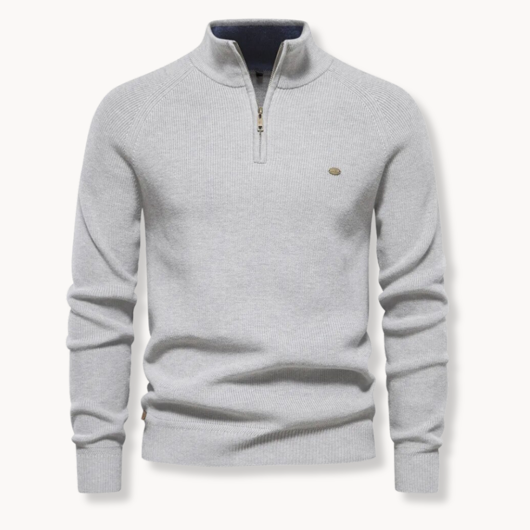 Pullover mit Viertel-Reißverschluss - Hoher Halsausschnitt - Halb-Reißverschluss - Strickpullover - Herrenpullover-Grau-S-Chaps Herrenmode