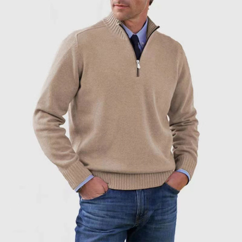 Pullover mit Viertelreißverschluss – Gestrickt – Pullover – Polopullover – Herrenpullover mit halbem Reißverschluss-Beige-M-Chaps Herrenmode