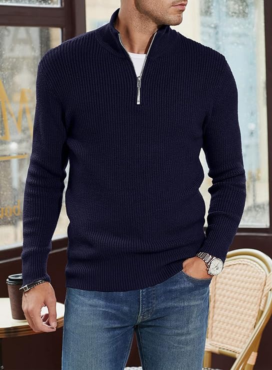 Pullover mit Viertelreißverschluss | Gestrickt | Rippstrick | Polopullover | Herrenpullover mit halbem Reißverschluss-Chaps Herrenmode