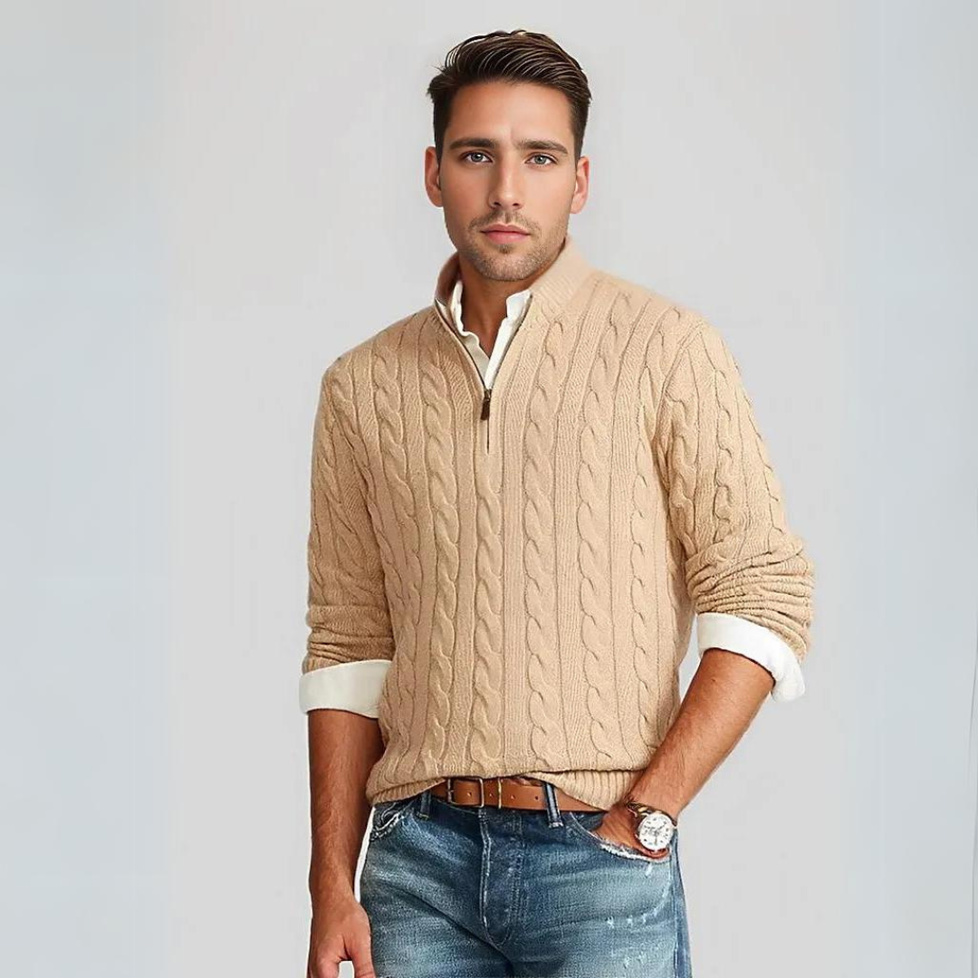 Pullover mit Viertelreißverschluss | Gestrickt | Zopfmuster | Pullover mit halbem Reißverschluss | Herrenpullover-Beige-M-Chaps Herrenmode
