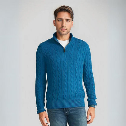 Pullover mit Viertelreißverschluss | Gestrickt | Zopfmuster | Pullover mit halbem Reißverschluss | Herrenpullover-Blau-M-Chaps Herrenmode