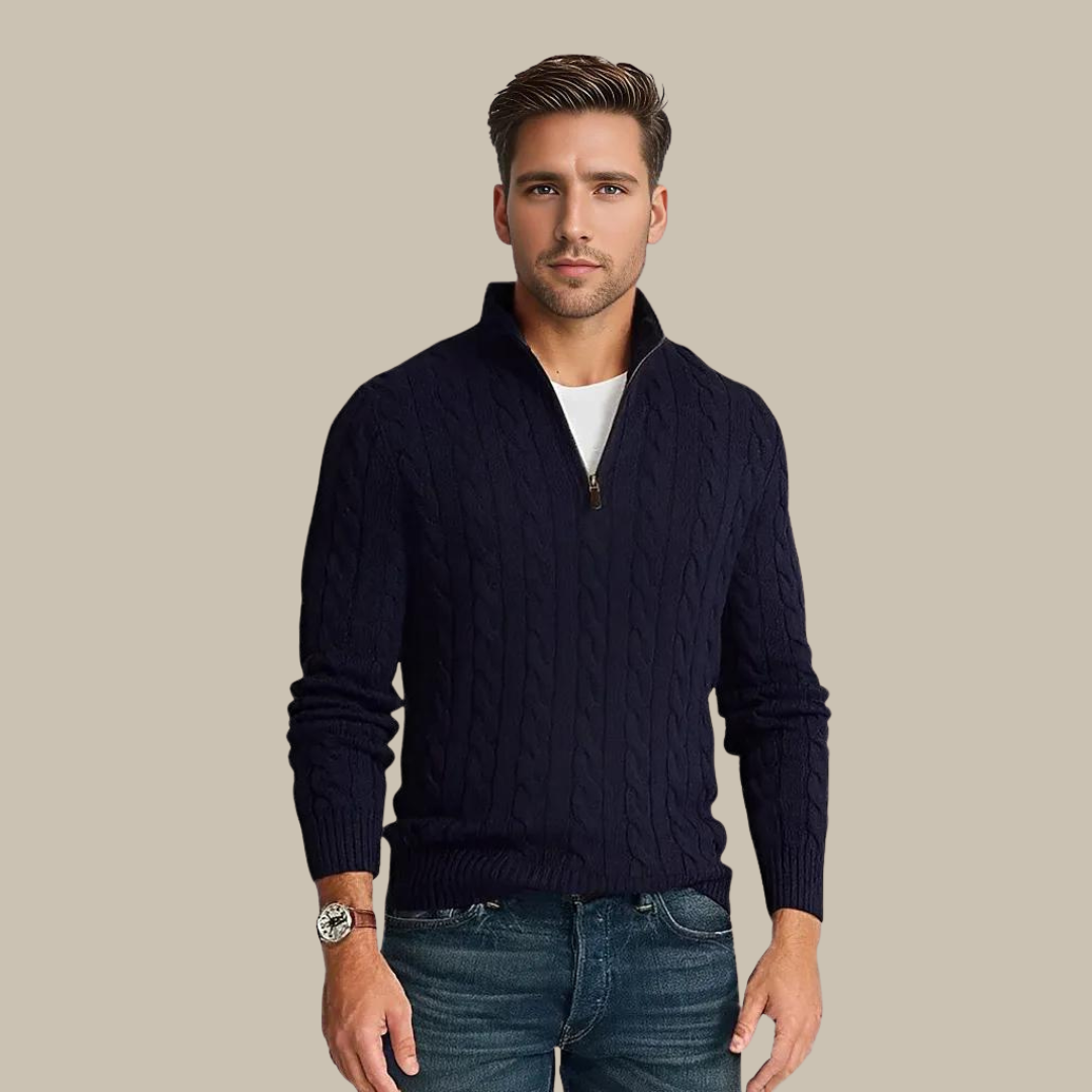 Herren Pullover mit Viertelreißverschluss Zopfmuster - BerlinGlamour