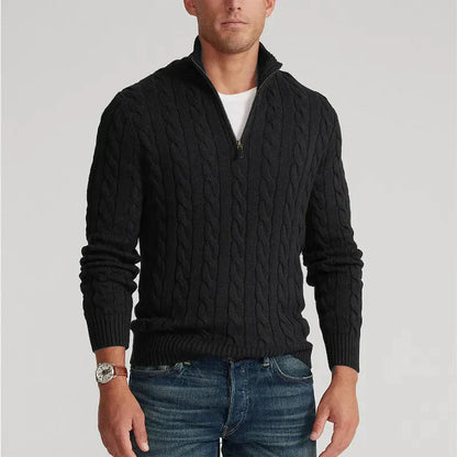 Pullover mit Viertelreißverschluss | Gestrickt | Zopfmuster | Pullover mit halbem Reißverschluss | Herrenpullover-Schwarz-M-Chaps Herrenmode