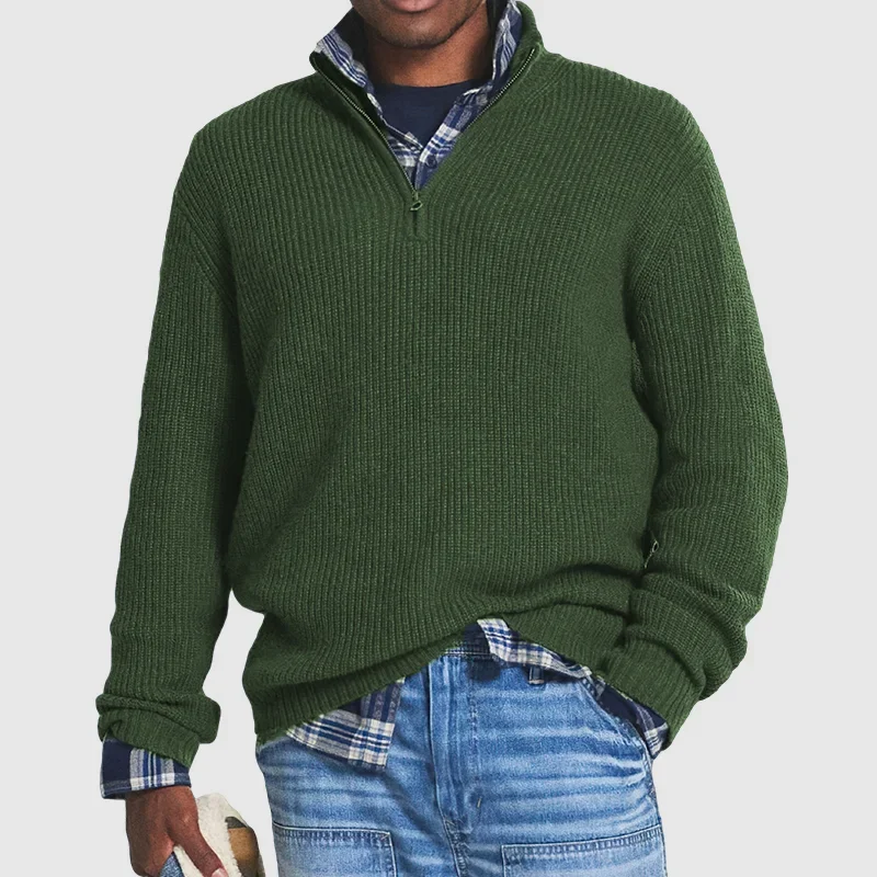 Pullover mit Viertelreißverschluss – Lässig – Rippstrick – Strickpullover – Herren-Pullover mit halbem Reißverschluss-Dunkelgrün-S-Chaps Herrenmode