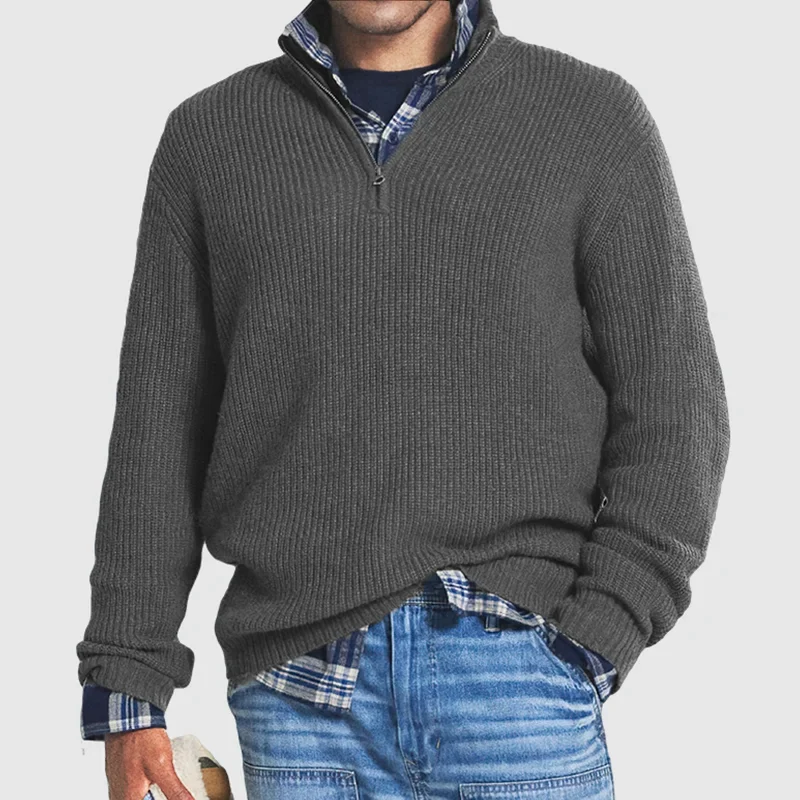 Pullover mit Viertelreißverschluss – Lässig – Rippstrick – Strickpullover – Herren-Pullover mit halbem Reißverschluss-Grau-S-Chaps Herrenmode