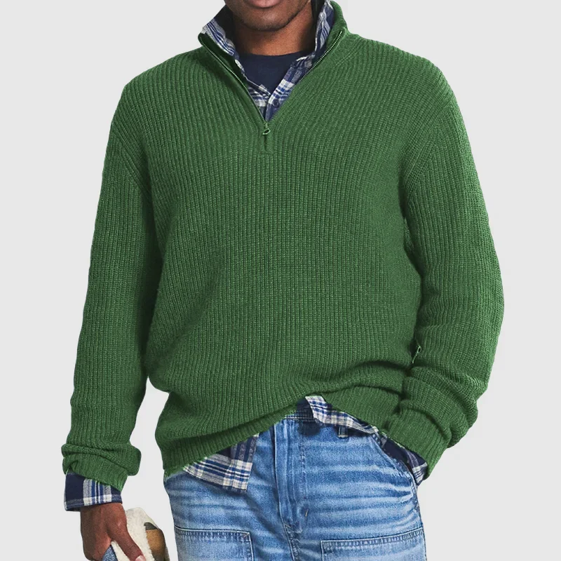 Pullover mit Viertelreißverschluss – Lässig – Rippstrick – Strickpullover – Herren-Pullover mit halbem Reißverschluss-Grün-S-Chaps Herrenmode