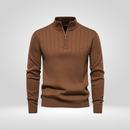 Pullover mit Viertelreißverschluss | Rippstrick | Gestrickt | Pullover mit halbem Reißverschluss | Herrenpullover-Braun-S-Chaps Herrenmode