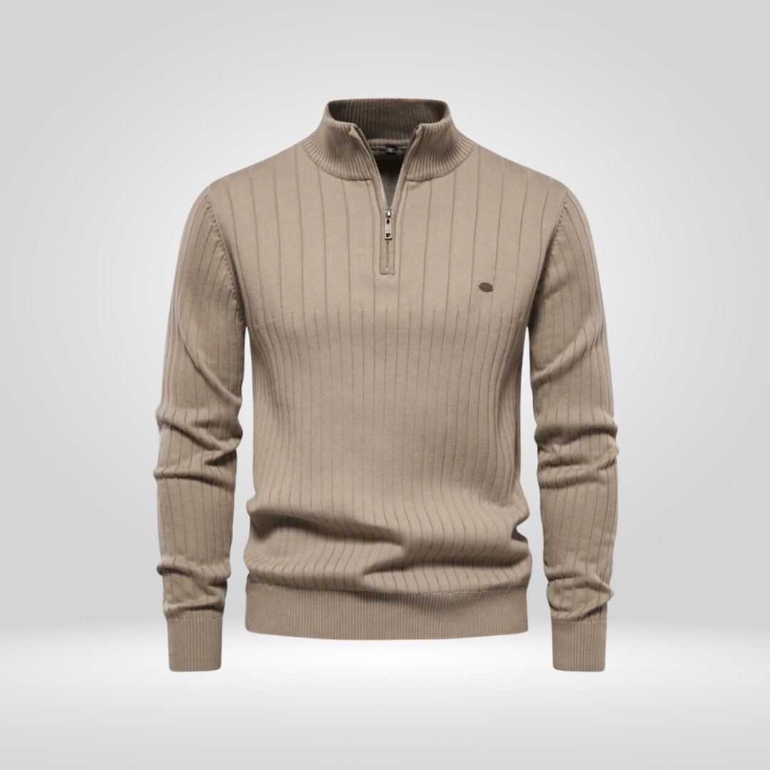 Pullover mit Viertelreißverschluss | Rippstrick | Gestrickt | Pullover mit halbem Reißverschluss | Herrenpullover-Khaki-S-Chaps Herrenmode