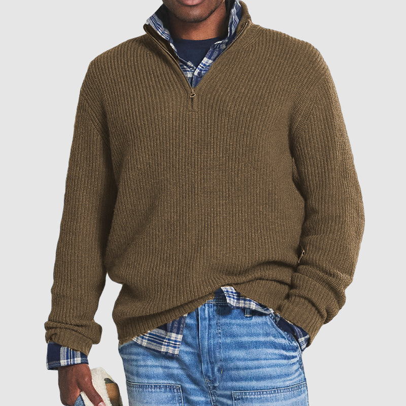 Pullover mit Viertelreißverschluss – Rippstrick – Pullover – Pullover mit halbem Reißverschluss – Herrenpullover-Braun-S-Chaps Herrenmode