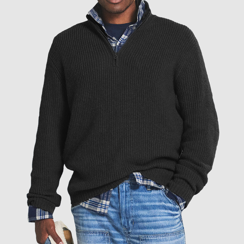 Pullover mit Viertelreißverschluss – Rippstrick – Pullover – Pullover mit halbem Reißverschluss – Herrenpullover-Schwarz-S-Chaps Herrenmode
