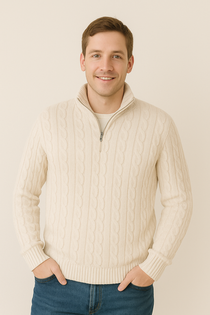 Strickpullover Herren Viertelreißverschluss Zopfmuster - BerlinGlamour