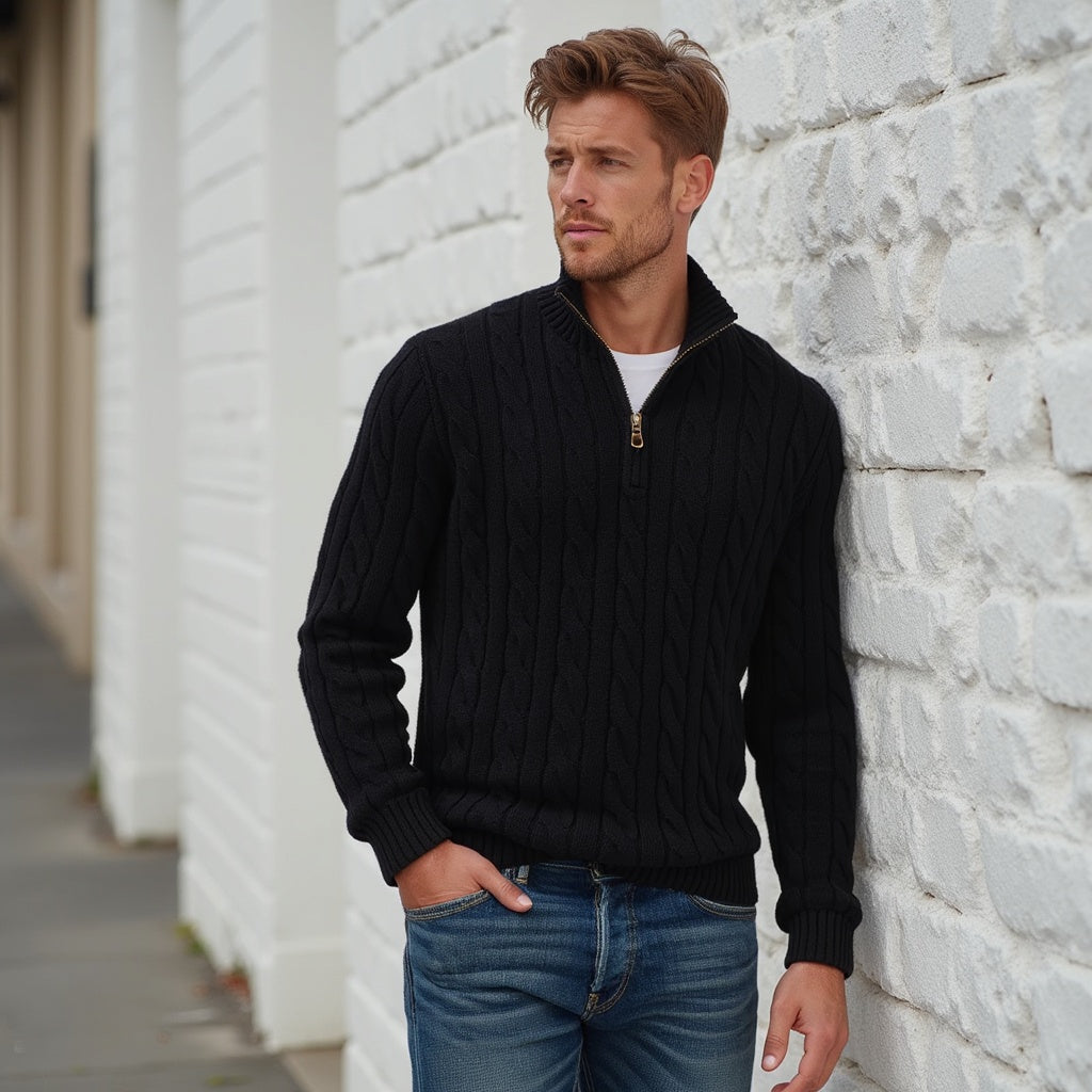 Pullover mit Viertelreißverschluss – Zopfmuster – Strickware – Polo-Pullover – Herren-Pullover mit halbem Reißverschluss-Chaps Herrenmode