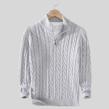 Pullover mit Viertelreißverschluss – Zopfmuster – Strickware – Polo-Pullover – Herren-Pullover mit halbem Reißverschluss-Grau-S-Chaps Herrenmode
