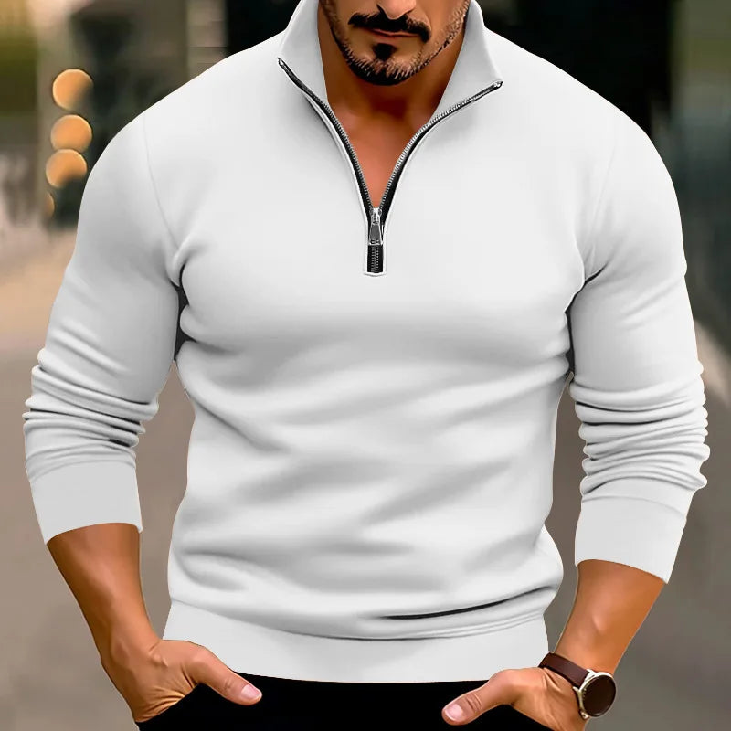 Pullover mit halbem Reißverschluss | Lässig | Warm | Sweatshirt mit halbem Reißverschluss | Herrenpullover mit Viertelreißverschluss-Weiß-S-Chaps Herrenmode