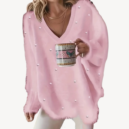 Pullover mit V-Ausschnitt und Perlendetail für Damen | Loravelle 8